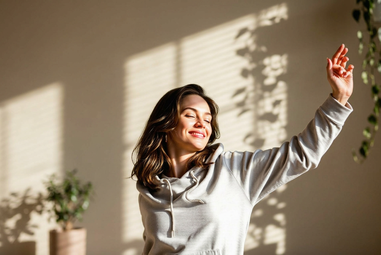 Mujer estirando con luz suave